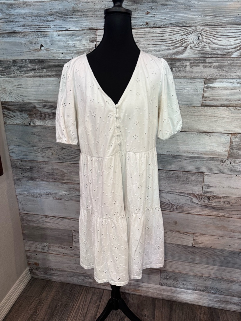 LOFT White Eyelet V-Neck Tiered Midi Dress